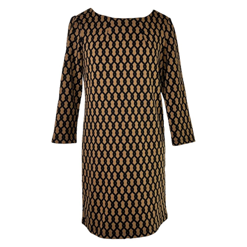 Vivienne Tam Geometric Chain Print Shift Knit Dress Black Brown Knee Length 2 XS